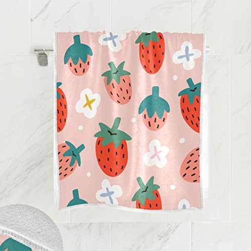 Wamika Pink Strawberry Hand Bath Towel Shower Towels Set Fruits Flowers Kitchen Hanging Gym Fingertip Bathroom Towel Highly Absorbent 2pcs