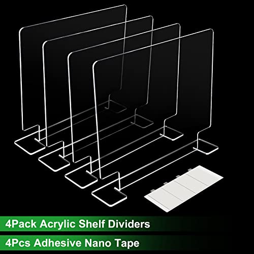 Arcux7 Shelf Dividers for Closet Organization 12 Inch Acrylic Shelf Dividers with Traceless Tape, Vertical Closet Separators for Clothes Clear Closet Dividers for Wood Shelves Cabinets (4Pack)