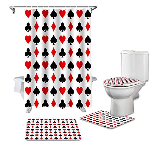 BestLives 4 Pcs Shower Curtain Sets with Rugs Poker Game Themed Non-Slip Soft Toilet Lid Cover for Bathroom Las Vegas Theme Casino Bathroom Sets with Bath Mat and 12 Hooks