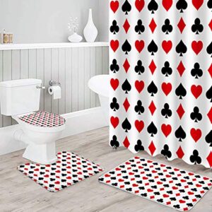 BestLives 4 Pcs Shower Curtain Sets with Rugs Poker Game Themed Non-Slip Soft Toilet Lid Cover for Bathroom Las Vegas Theme Casino Bathroom Sets with Bath Mat and 12 Hooks