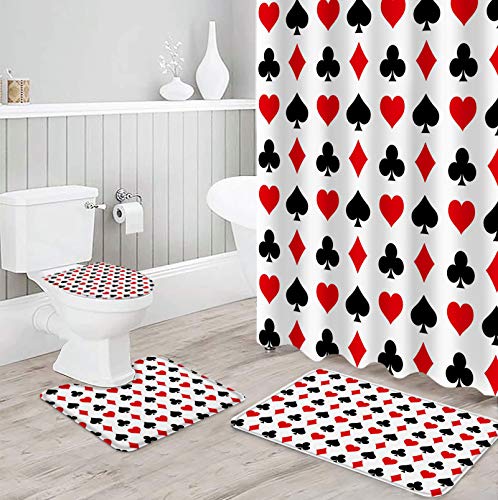 BestLives 4 Pcs Shower Curtain Sets with Rugs Poker Game Themed Non-Slip Soft Toilet Lid Cover for Bathroom Las Vegas Theme Casino Bathroom Sets with Bath Mat and 12 Hooks