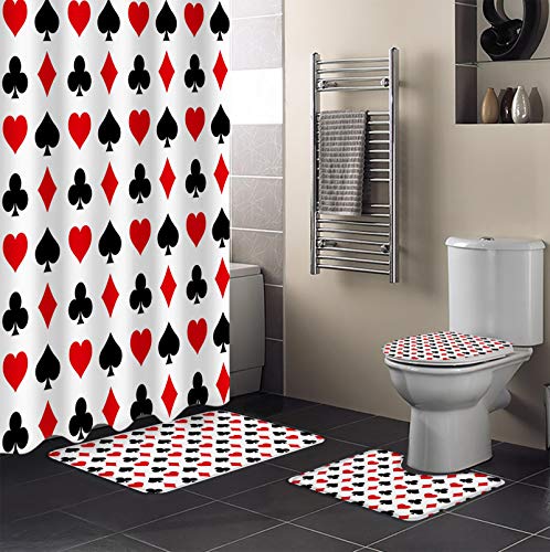 BestLives 4 Pcs Shower Curtain Sets with Rugs Poker Game Themed Non-Slip Soft Toilet Lid Cover for Bathroom Las Vegas Theme Casino Bathroom Sets with Bath Mat and 12 Hooks