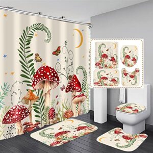 4PCS Mushroom Butterfly Flower Shower Curtain Set with Non-Slip Rugs, Toilet Lid Cover and Bath Mat, Moon Stars Shower Curtain with 12 Hooks, Durable Waterproof Retro Bathroom Decor Set