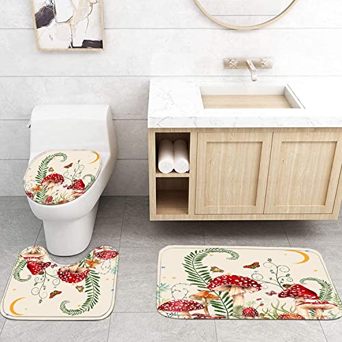 4PCS Mushroom Butterfly Flower Shower Curtain Set with Non-Slip Rugs, Toilet Lid Cover and Bath Mat, Moon Stars Shower Curtain with 12 Hooks, Durable Waterproof Retro Bathroom Decor Set