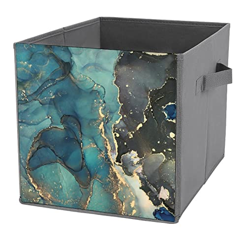 DamTma Classic Dark Marble Collapsible Storage Bins Grenn Black Gold Fabric Storage Cubes with Handles Basket Storage Organizer for Shelves Closet Bedroom Living Room 10.6 in