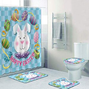 RLHHUG Easter Bunny Shower Curtain Sets with Rugs, Cute Shower Curtain 72x72In for Bathroom Decor, Waterproof Durable Shower Curtain with Hooks, Bath Mat, Toilet Contour Mat and Lid Cover