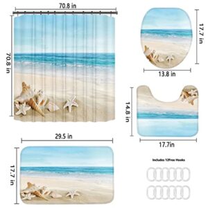 4Pcs Summer Beach Shower Curtain Sets Sea Ocean Bathroom Set Decor with Non-Slip Rugs Bath U-Shaped Mat Toilet Lid Cover Waterproof Starfish Shell Bathroom Curtain Shower Set with 12 Hooks, 70.8×70.8