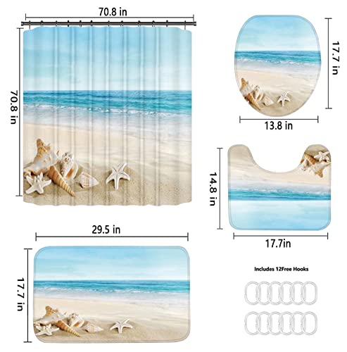 4Pcs Summer Beach Shower Curtain Sets Sea Ocean Bathroom Set Decor with Non-Slip Rugs Bath U-Shaped Mat Toilet Lid Cover Waterproof Starfish Shell Bathroom Curtain Shower Set with 12 Hooks, 70.8×70.8