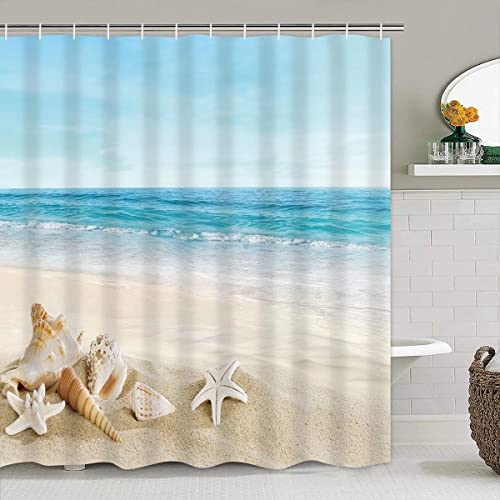 4Pcs Summer Beach Shower Curtain Sets Sea Ocean Bathroom Set Decor with Non-Slip Rugs Bath U-Shaped Mat Toilet Lid Cover Waterproof Starfish Shell Bathroom Curtain Shower Set with 12 Hooks, 70.8×70.8