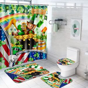 4 pcs happy st.patrick's day shower curtain sets with non-slip rugs, toilet lid cover and bath mat, gnome with shamrock shower curtain with 12 hooks, waterproof irish bathroom set for st. patty's day