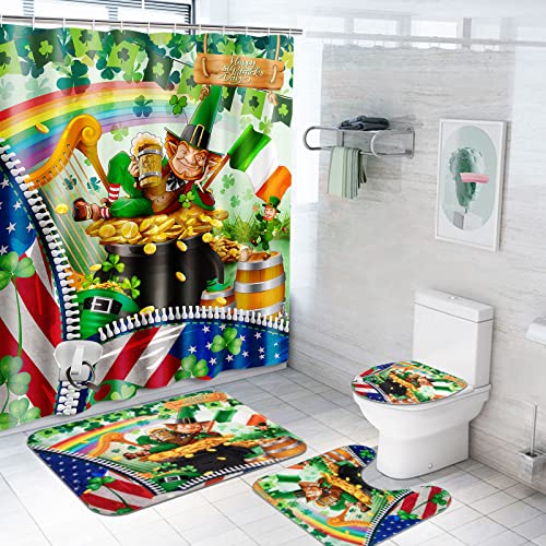 4 Pcs Happy St.Patrick's Day Shower Curtain Sets with Non-Slip Rugs, Toilet Lid Cover and Bath Mat, Gnome with Shamrock Shower Curtain with 12 Hooks, Waterproof Irish Bathroom Set for St. Patty's Day