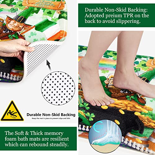 4 Pcs Happy St.Patrick's Day Shower Curtain Sets with Non-Slip Rugs, Toilet Lid Cover and Bath Mat, Gnome with Shamrock Shower Curtain with 12 Hooks, Waterproof Irish Bathroom Set for St. Patty's Day