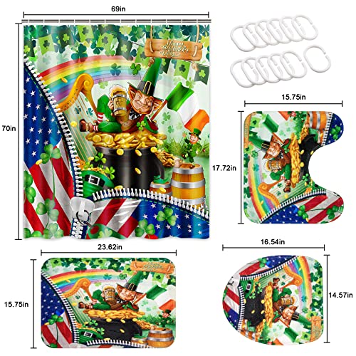 4 Pcs Happy St.Patrick's Day Shower Curtain Sets with Non-Slip Rugs, Toilet Lid Cover and Bath Mat, Gnome with Shamrock Shower Curtain with 12 Hooks, Waterproof Irish Bathroom Set for St. Patty's Day