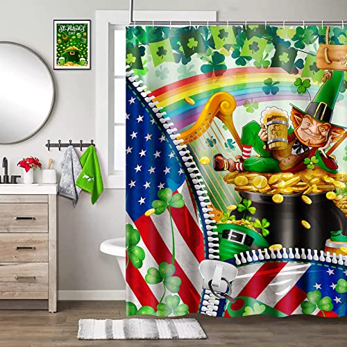 4 Pcs Happy St.Patrick's Day Shower Curtain Sets with Non-Slip Rugs, Toilet Lid Cover and Bath Mat, Gnome with Shamrock Shower Curtain with 12 Hooks, Waterproof Irish Bathroom Set for St. Patty's Day