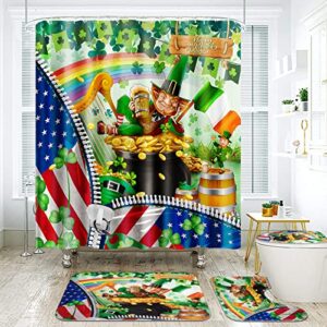 4 Pcs Happy St.Patrick's Day Shower Curtain Sets with Non-Slip Rugs, Toilet Lid Cover and Bath Mat, Gnome with Shamrock Shower Curtain with 12 Hooks, Waterproof Irish Bathroom Set for St. Patty's Day