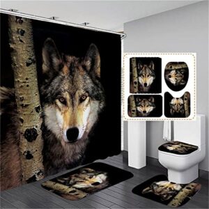 wolf shower curtain 3d printed, animal 4pcs bathroom decor set, with non-slip rug, toilet lid cover and bath mat, durable waterproof bath curtain with 12 hooks-72" x 78"