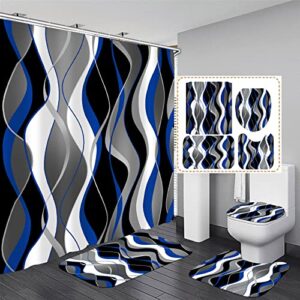 nkzply 4 pcs blue and black striped shower curtain set grey and white bathroom sets with shower curtain and rugs modern home bathroom decor shower curtains with rugs and toilet lid cover