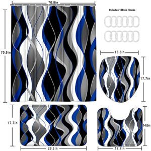 Nkzply 4 Pcs Blue and Black Striped Shower Curtain Set Grey and White Bathroom Sets with Shower Curtain and Rugs Modern Home Bathroom Decor Shower Curtains with Rugs and Toilet Lid Cover