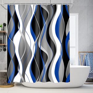 Nkzply 4 Pcs Blue and Black Striped Shower Curtain Set Grey and White Bathroom Sets with Shower Curtain and Rugs Modern Home Bathroom Decor Shower Curtains with Rugs and Toilet Lid Cover