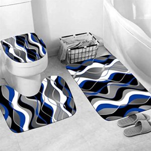 Nkzply 4 Pcs Blue and Black Striped Shower Curtain Set Grey and White Bathroom Sets with Shower Curtain and Rugs Modern Home Bathroom Decor Shower Curtains with Rugs and Toilet Lid Cover