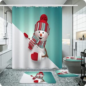powond snowman shower curtain sets for bathroom with non-slip rugs, toilet lid cover, bath mat and snowman shower curtains with 12 hooks, 4pcs bathroom decor set with rugs and accessories