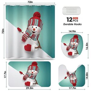 powond Snowman Shower Curtain Sets for Bathroom with Non-Slip Rugs, Toilet Lid Cover, Bath Mat and Snowman Shower Curtains with 12 Hooks, 4Pcs Bathroom Decor Set with Rugs and Accessories