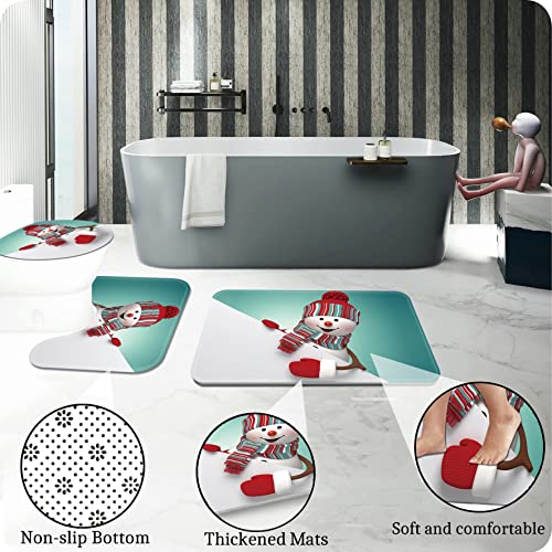powond Snowman Shower Curtain Sets for Bathroom with Non-Slip Rugs, Toilet Lid Cover, Bath Mat and Snowman Shower Curtains with 12 Hooks, 4Pcs Bathroom Decor Set with Rugs and Accessories