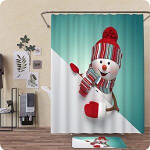 powond Snowman Shower Curtain Sets for Bathroom with Non-Slip Rugs, Toilet Lid Cover, Bath Mat and Snowman Shower Curtains with 12 Hooks, 4Pcs Bathroom Decor Set with Rugs and Accessories