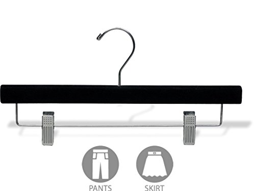 The Great American Hanger Company Black Velvet Pant Hanger w/Adjustable Cushion Clips, Box of 50 Flat Wood Bottom Hangers w/Chrome Swivel Hook for Jeans Slacks or Skirt