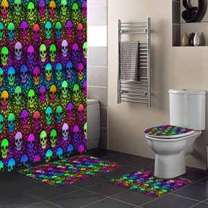 halloween 4 pcs shower curtain sets, shower curtains with plastic hooks, anti-skid rugs, toilet lid cover and soft bath mat, for bathroom decor set colorful skulls and five-pointed stars tiled