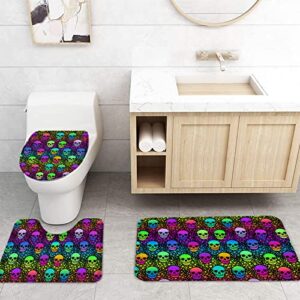 Halloween 4 PCS Shower Curtain Sets, Shower Curtains with Plastic Hooks, Anti-Skid Rugs, Toilet Lid Cover and Soft Bath Mat, for Bathroom Decor Set Colorful Skulls and Five-Pointed Stars Tiled