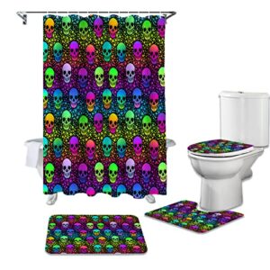 Halloween 4 PCS Shower Curtain Sets, Shower Curtains with Plastic Hooks, Anti-Skid Rugs, Toilet Lid Cover and Soft Bath Mat, for Bathroom Decor Set Colorful Skulls and Five-Pointed Stars Tiled