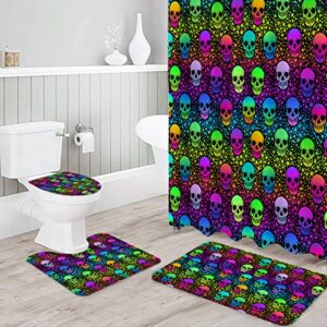 Halloween 4 PCS Shower Curtain Sets, Shower Curtains with Plastic Hooks, Anti-Skid Rugs, Toilet Lid Cover and Soft Bath Mat, for Bathroom Decor Set Colorful Skulls and Five-Pointed Stars Tiled