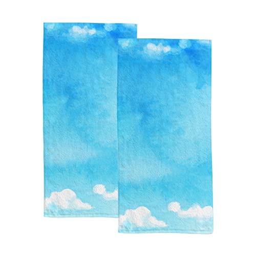 Hand Towel Watercolor Blue Sky Clouds Face Towel Set of 2 Fingertip Towel Kitchen Tea Bar Dish Cloths Absorbent Dry Shower Towel