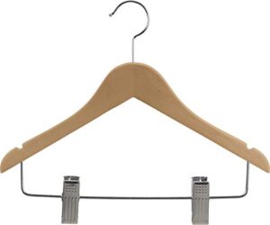 wooden junior combo hanger with adjustable cushion clips, box of 24 flat 14 inch hangers with natural finish, notches and chrome swivel hook by the great american hanger company