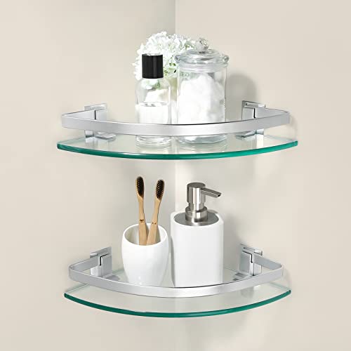 KES Glass Corner Shelf Bathroom, Corner Shower Shelf with Rail Wall Mount 2 Tier Sand Sprayed Silver Finish, A4120A-P2
