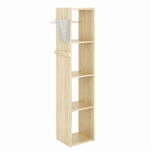 easy track 5 shelf wood utility mountable home closet storage tower kit system with 5 peg rack, bag holder, and 2 adjustable shelves, honey blonde