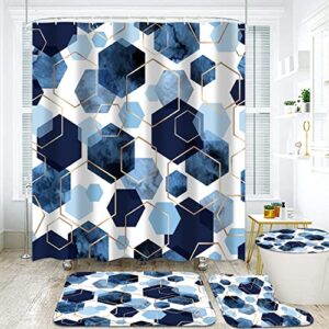 lqcool 4pcs blue shower curtain set modern art geometric bathroom set navy blue abstract bathroom curtain set with 12 hooks, bathroom carpet bath mat and toilet rugs