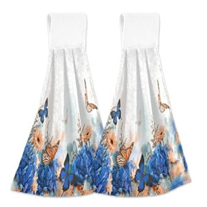 butterflies hanging kitchen towels blue flowers floral hand towel 2pcs dish cloth tie towel absorbent oven stove washcloth with loop for bathroom home decorative