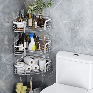 3 pack corner shower caddy: adhesive stainless steel no-drilling bathroom organizer for 90° corners- installed in minutes, heavy duty shower shelves for storage- 6 metal hooks with caps, 8 adhesives