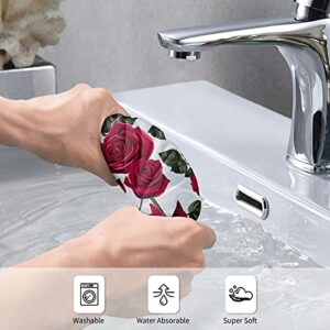 Floral Red Roses Small Hand Towel Kitchen Soft Microfiber 27.5'' X 15.7'' Multipurpose Fancy Flowers and Leaves Hand Towel for Bathroom