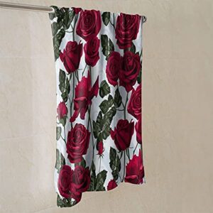 Floral Red Roses Small Hand Towel Kitchen Soft Microfiber 27.5'' X 15.7'' Multipurpose Fancy Flowers and Leaves Hand Towel for Bathroom