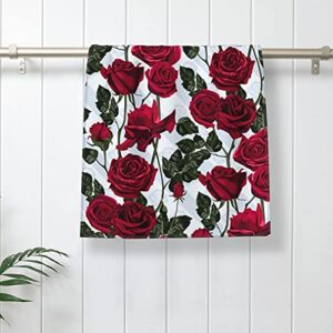 Floral Red Roses Small Hand Towel Kitchen Soft Microfiber 27.5'' X 15.7'' Multipurpose Fancy Flowers and Leaves Hand Towel for Bathroom