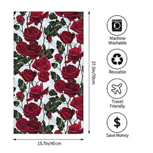 Floral Red Roses Small Hand Towel Kitchen Soft Microfiber 27.5'' X 15.7'' Multipurpose Fancy Flowers and Leaves Hand Towel for Bathroom