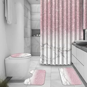 juwute 4 pcs pink shower curtain set marble bathroom shower curtain sets with rugs and accessories,shiny toilet lid cover bath mat and flash contour mat sets,12 hooks,polyester,waterproof