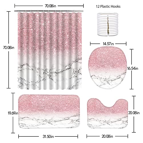 juwute 4 Pcs Pink Shower Curtain Set Marble Bathroom Shower Curtain Sets with Rugs and Accessories,Shiny Toilet Lid Cover Bath Mat and Flash Contour Mat Sets,12 Hooks,Polyester,Waterproof