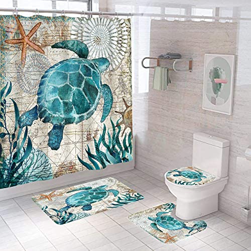 Jefuzh Sea Turtle Shower Curtain Sets with Non-Slip Rugs,Toilet Lid Cover Pad and Bath Mat,Bathroom Sets with Waterproof Durable Shower Curtains