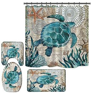 Jefuzh Sea Turtle Shower Curtain Sets with Non-Slip Rugs,Toilet Lid Cover Pad and Bath Mat,Bathroom Sets with Waterproof Durable Shower Curtains