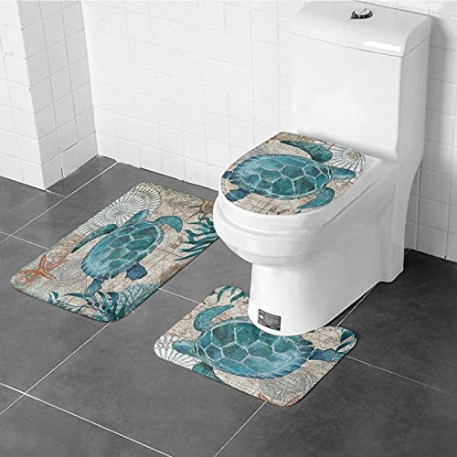 Jefuzh Sea Turtle Shower Curtain Sets with Non-Slip Rugs,Toilet Lid Cover Pad and Bath Mat,Bathroom Sets with Waterproof Durable Shower Curtains