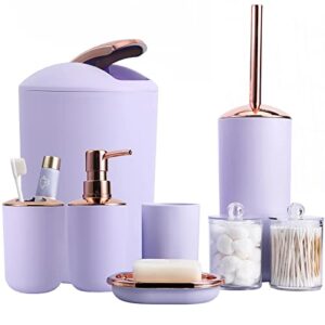 8 pieces purple bathroom accessories set - trash can with swing lid,soap dispenser,self draining soap dish,toilet brush with holder,toothbrush holder,mouthwash cup,qtip holder dispensers